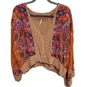 Free People Mix And Match Blouse Relaxed Boho Rust Orange Floral V Neck Small